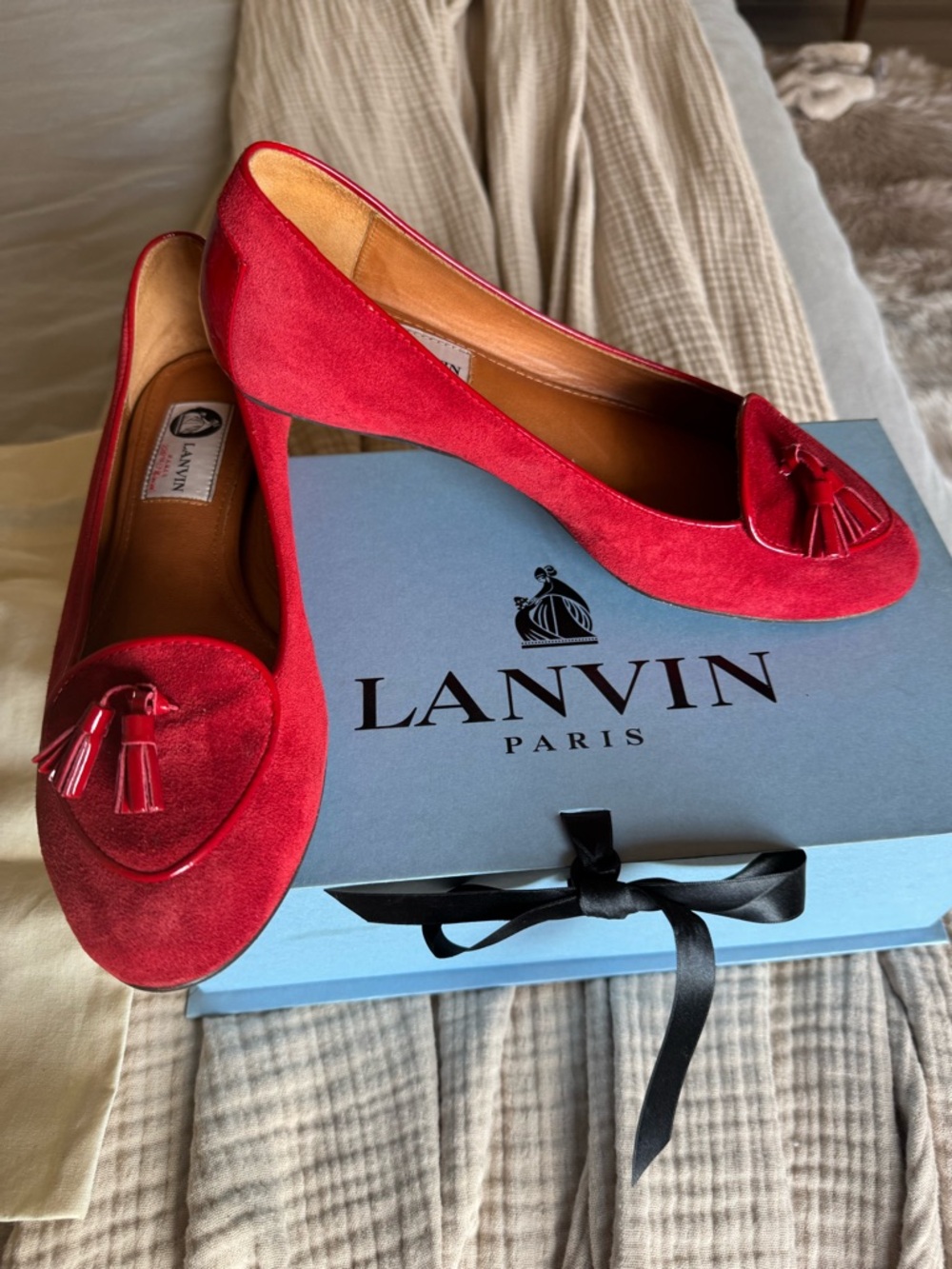 Lanvin Red Suede Tassel Flats Size 7-71/2